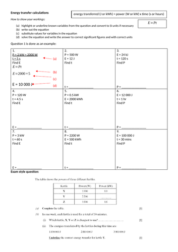 Power (including kWh) equation practice