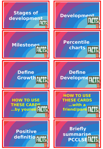 Flashcards for new spec NCFE Cache Level1/2 Child Development and care.