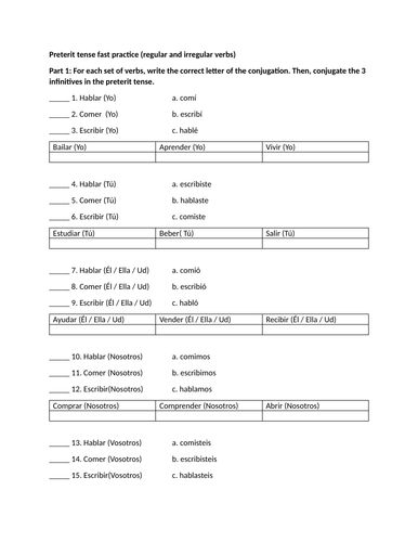 Preterit tense fast practice (regular and irregular verbs)