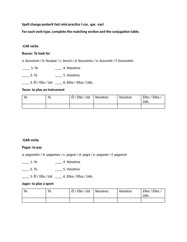 Spell change preterit fast mini practice (-car, -gar, -zar)