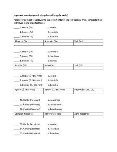 Imperfect tense fast practice (regular and irregular verbs)