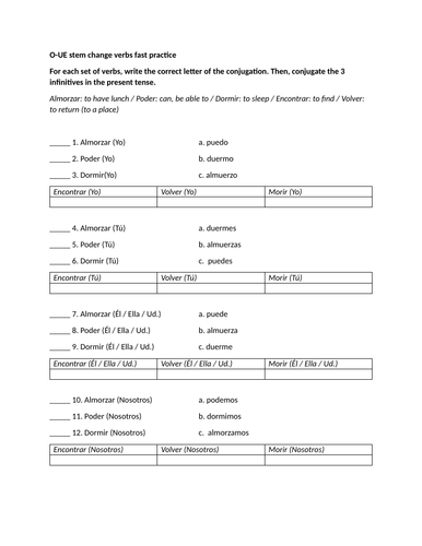 O-UE stem change verbs fast practice