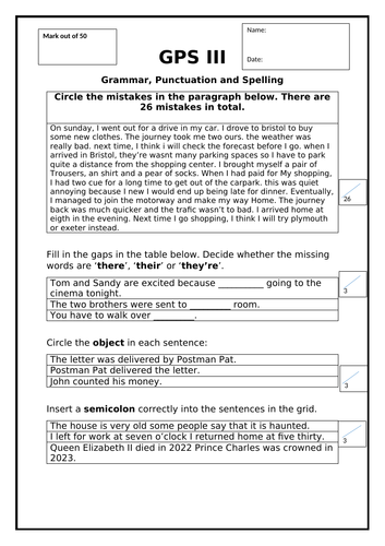 SPAG Part III Grammar, Punctuation and Spelling Quick Quiz Year 5 Year 6