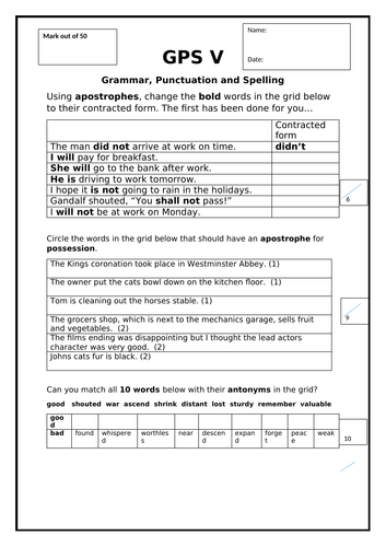 SPAG Part V Grammar, Punctuation and Spelling Quick Quiz Year 5 Year 6