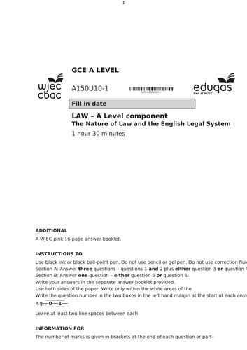 A-Level Law: Eduqas Mock Exam Paper 1 - English Legal Systems