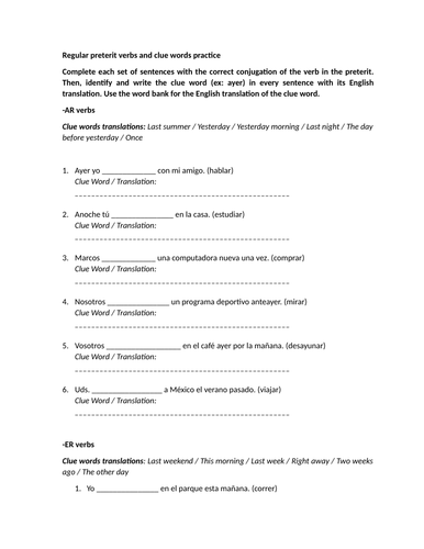 Regular preterit verbs and clue words practice