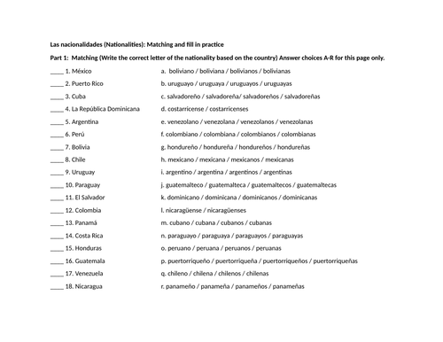 Las nacionalidades (Nationalities): Matching and fill in practice