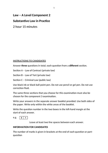 A-Level Law: Paper 2 Mock Exam - Eduqas Contract Option (Tort + Criminal)