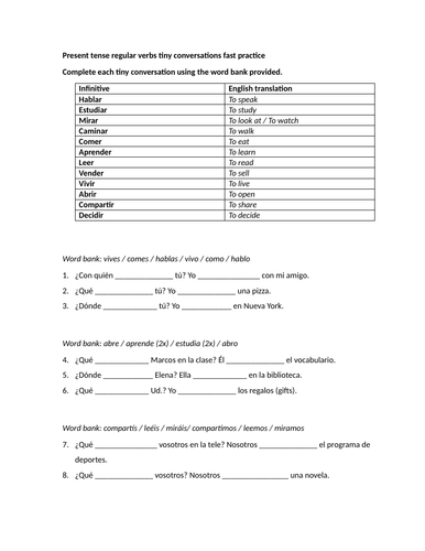 Present tense regular verbs tiny conversations fast practice