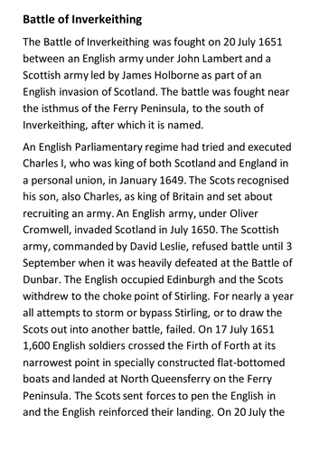 Battle of Inverkeithing Handout | Teaching Resources