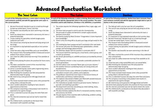 Advanced Punctuation Worksheet (colon, semi colon, dash)