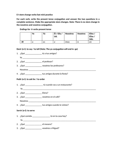 E-I stem change verbs fast mini practice