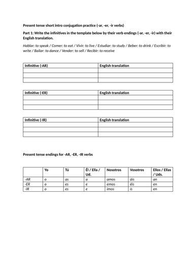Present tense short intro conjugation practice (-ar, -er, -ir verbs)