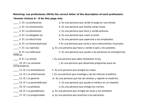 Matching: Las profesiones (Professions in Spanish)