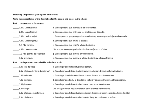 Matching: Las personas y los lugares en la escuela