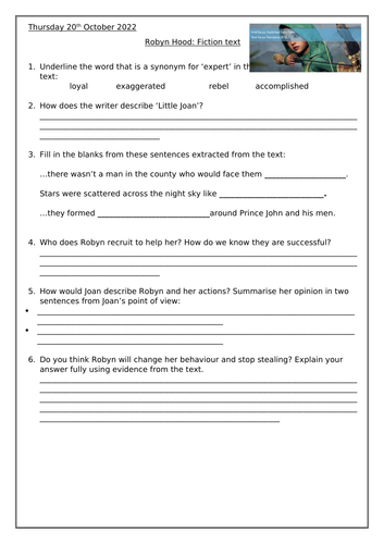 Year 6 Guided Reading - 1 week - Literacy Shed's 'Robyn Hood'