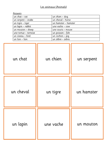 Les animaux Card Sort