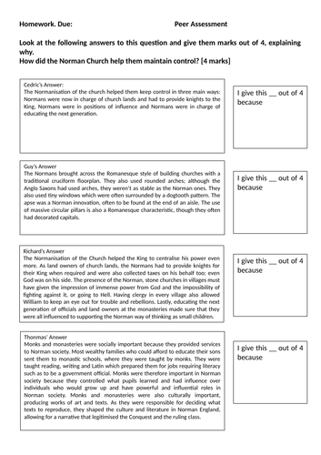 GCSE history 'peer assessment' Church + Norman Control