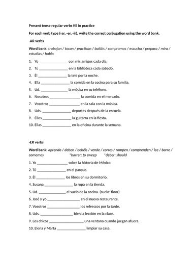 Present tense regular verbs fill in practice