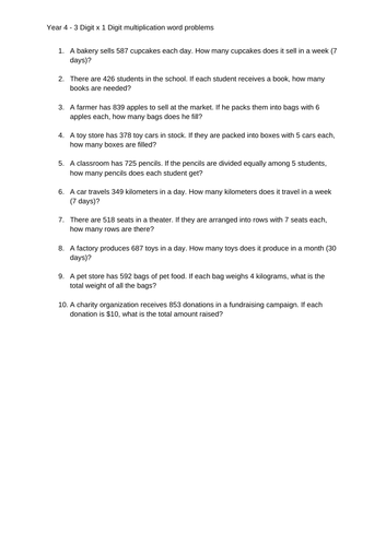 3-digit x 1-digit multiplication word problems.