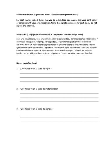 Mis cursos: Personal questions about school courses (present tense)