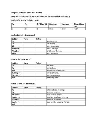 Irregular preterit U stem verbs practice