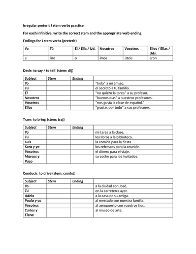 Irregular preterit J stem verbs practice