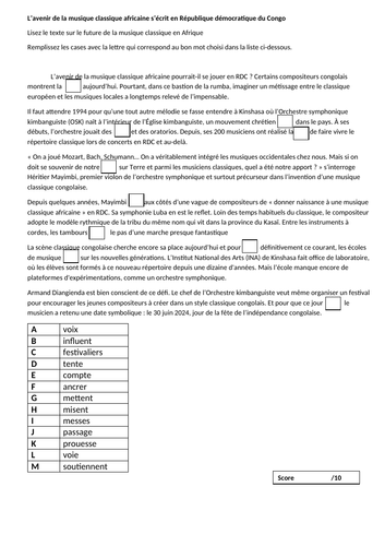 AQA Style -Fill in the gaps - Musique francophone - A-level French