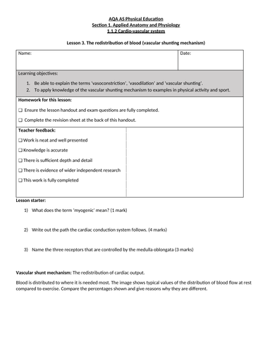 Cardiovascular system A-level PE - 8 lessons with handouts, PowerPoints and exam questions