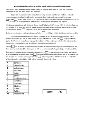 AQA Style -Fill in the gaps - Cinema francophone - A-level French