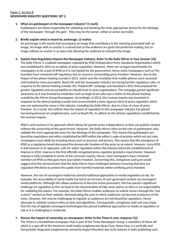 Set of exemplar answers for newspaper industry questions