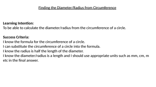 Diameter or Radius  from Circumference