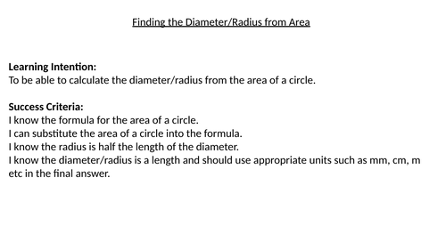 Diameter of Radius from the Area of a Circle