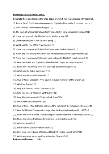 Edexcel Elizabeth Chapter 1 Revision and Knowledge Test