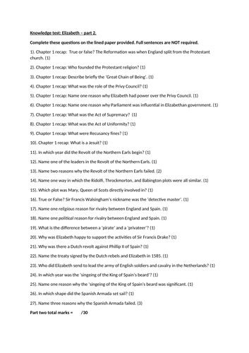 Edexcel Elizabeth Chapter 2 Revision and Knowledge Test