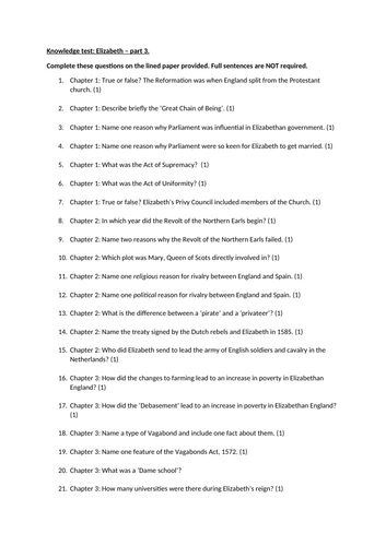 Edexcel Elizabeth Chapter 3 Revision and Knowledge Test