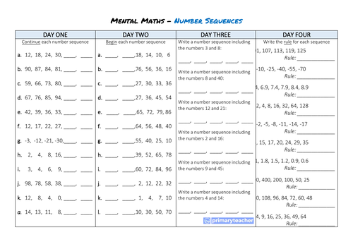 Mental Maths Daily Practice Sheet (Number Sequences)