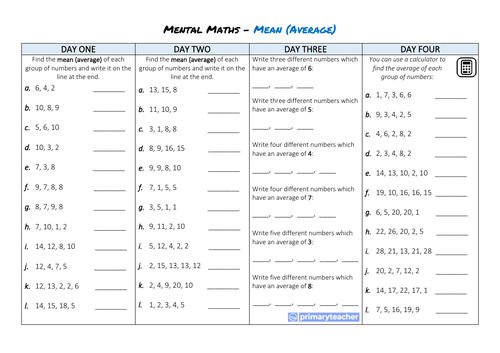 Mental Maths Daily Practice Sheet (Mean/Average)