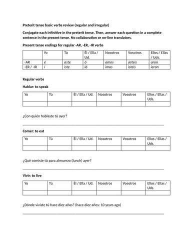 Preterit tense basic verbs review (regular and irregular)