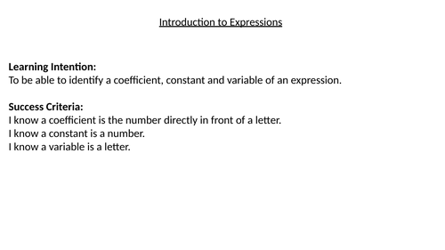 Introduction to Algebraic Expressions