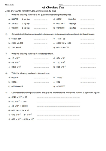 AS Chemistry Maths Test
