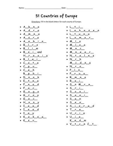 Countries of Europe List Printable Fill in the Blanks Activity