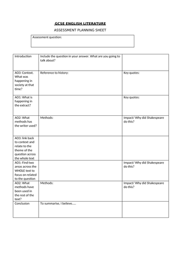 GCSE Macbeth essay scaffolding help sheet