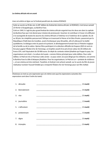 AQA Style -Find the synonym- Cinema - A-level French