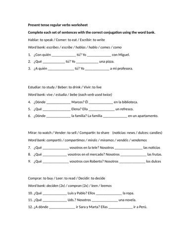 Present tense regular verbs worksheet