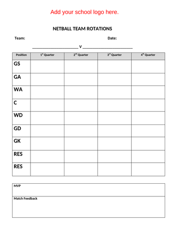 Netball Team Rotations Record Sheet