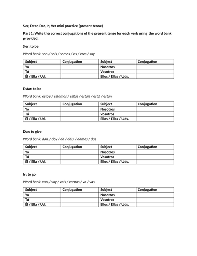Ser, Estar, Dar, Ir, Ver mini practice (present tense)