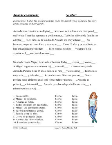 Spanish Adjective Agreement Story with Gap Fill Version (Adjectivos)