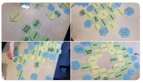 Power and Conflict Poetry Anthology FUN Engaging Game intervention. Hexagon thinking and linking.