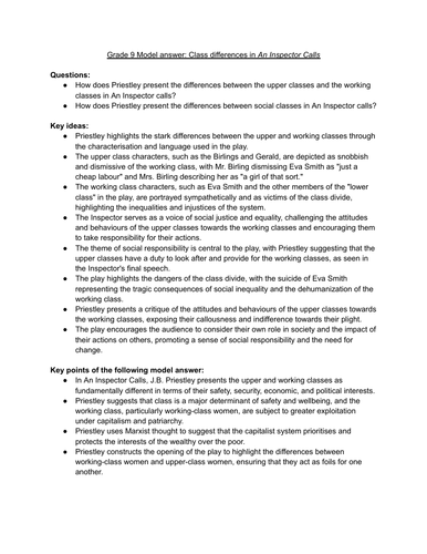 Grade 9 Model answer: Class differences in An Inspector Calls